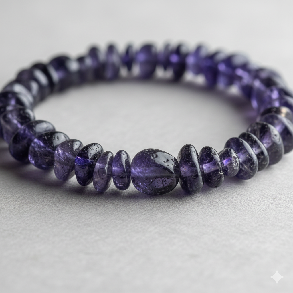 Iolite healing properties shown in a raw stone bracelet