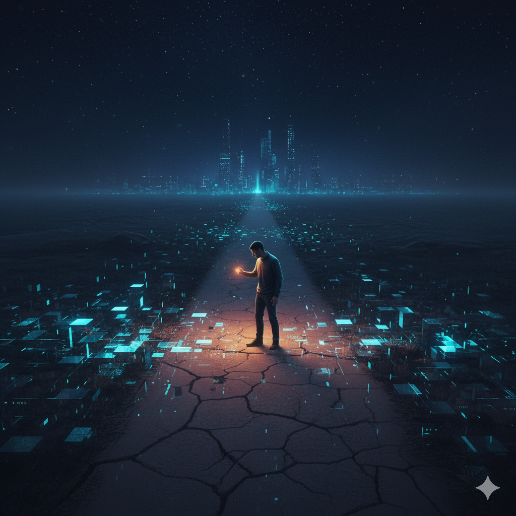 A person walking on a path that is visibly pixelated and glitching like a video game, symbolizing the illusion of free will vs. a game program.