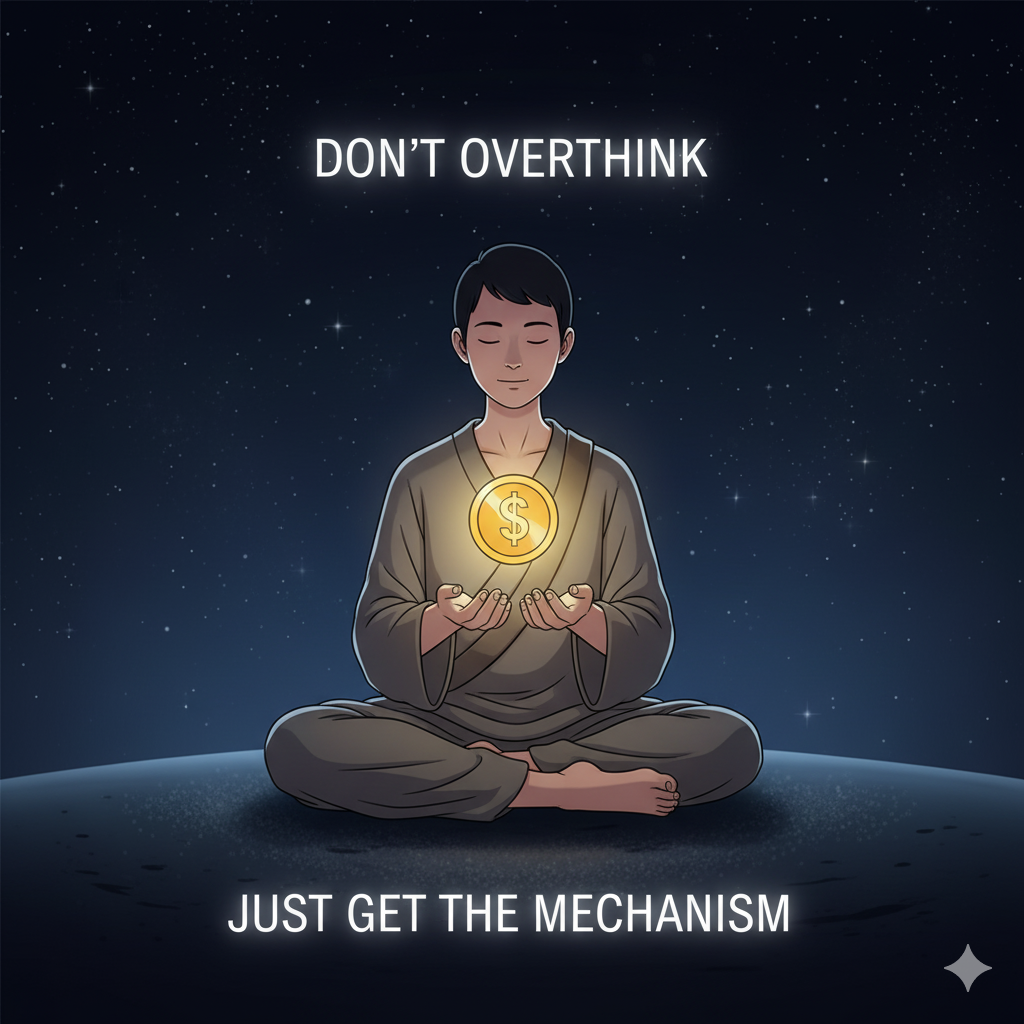 A minimalist image of a person meditating peacefully as a golden coin drops into their hands, symbolizing 'don't overthink it, just get the money'.