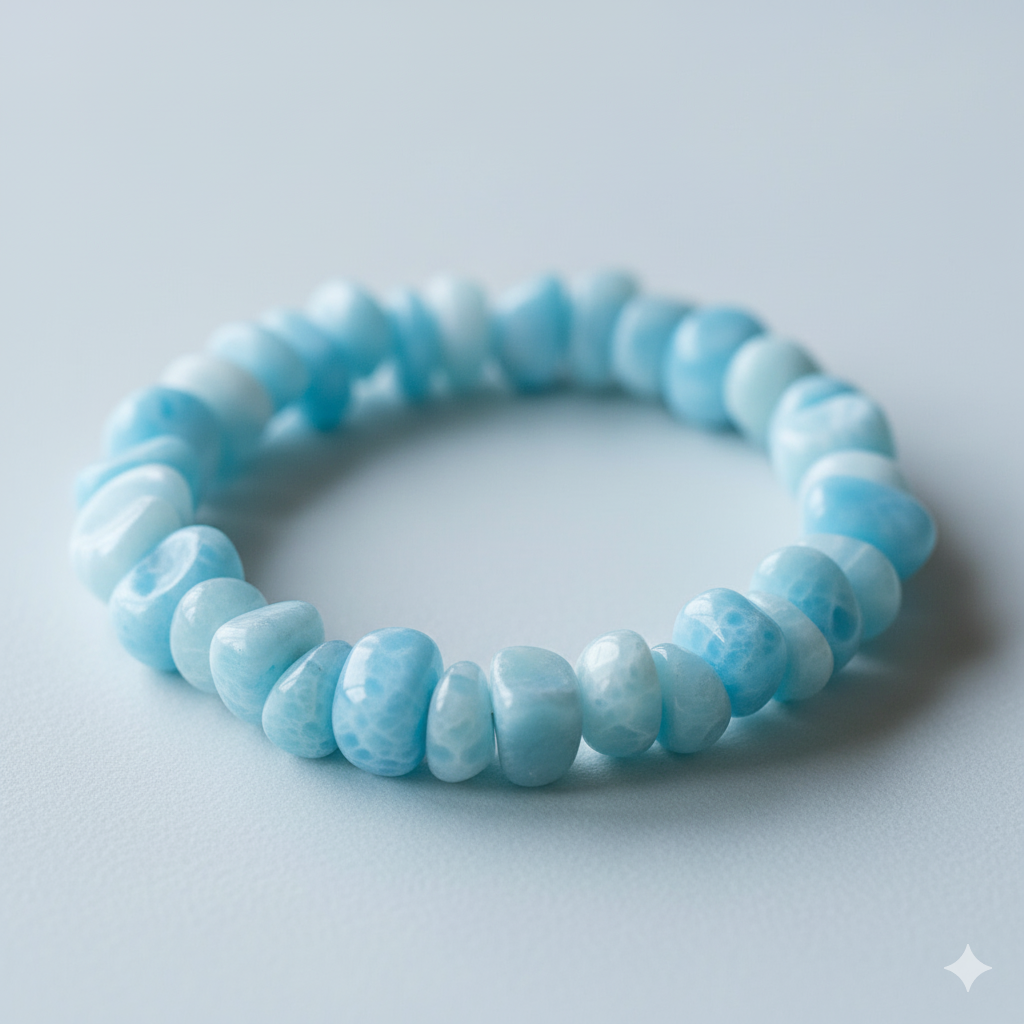 Larimar healing properties shown in a raw stone bracelet