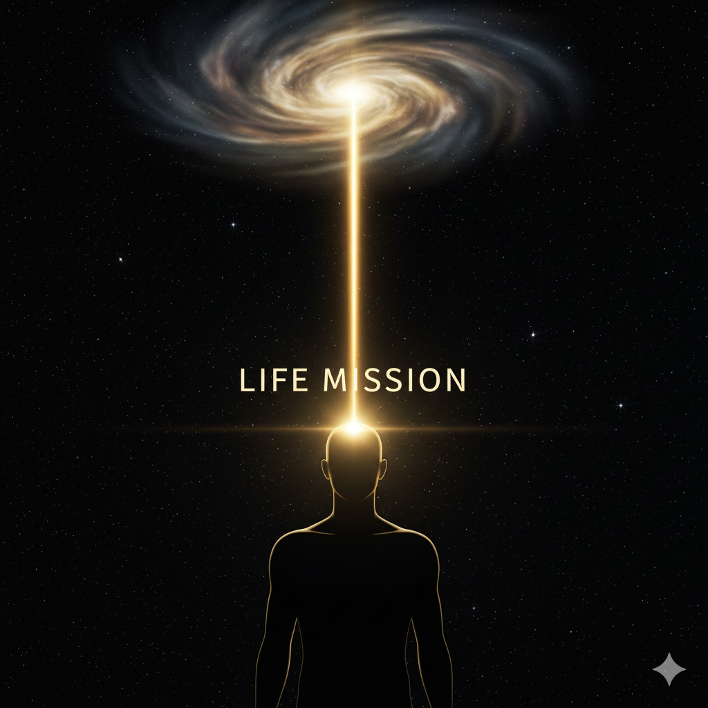 A human silhouette with a divine beam of light being downloaded into their head from a cosmic cloud, representing a Life Mission.