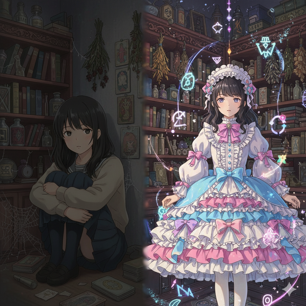 心靈療癒示意圖：穿著蘿莉塔服裝的少女與角落生物的反差