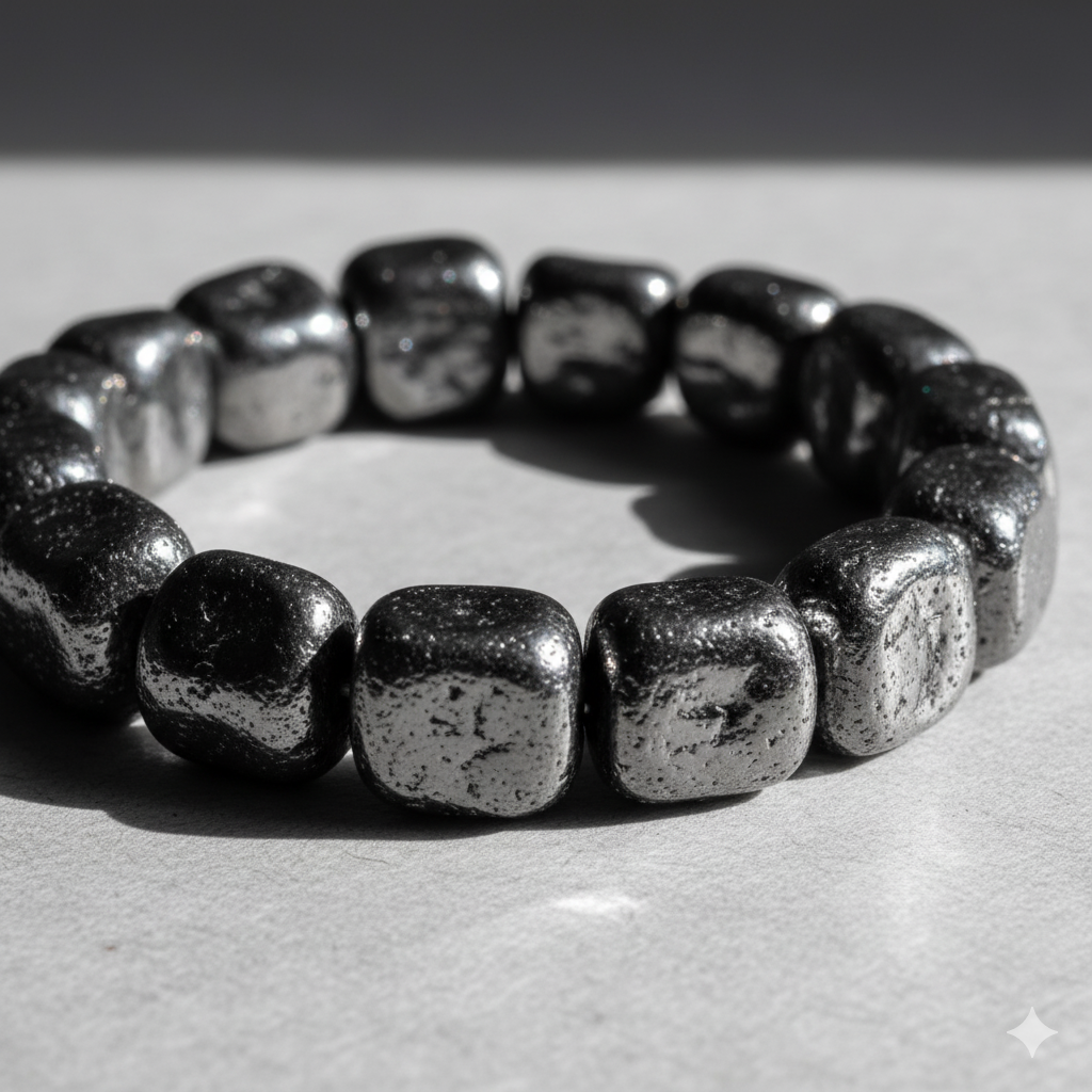 Hematite healing properties shown in a raw stone bracelet