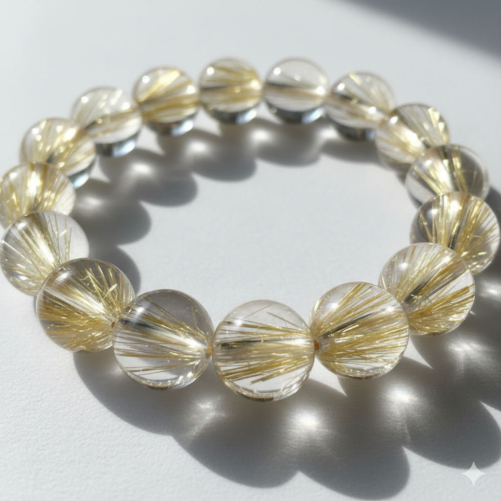 Gold Rutilated Quartz healing properties shown in a raw stone bracelet