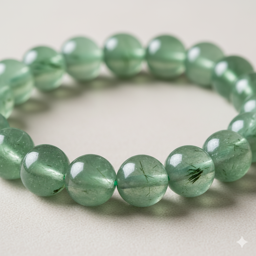 Prehnite healing properties shown in a raw stone bracelet